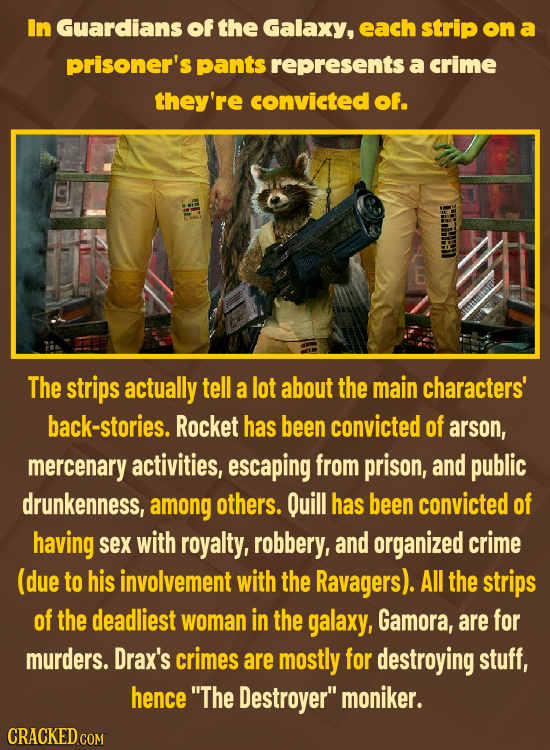 In Guardians of the Galaxy, each strip on a prisoner's pants represents a crime they're convicted of. The strips actually tell a lot about the main ch