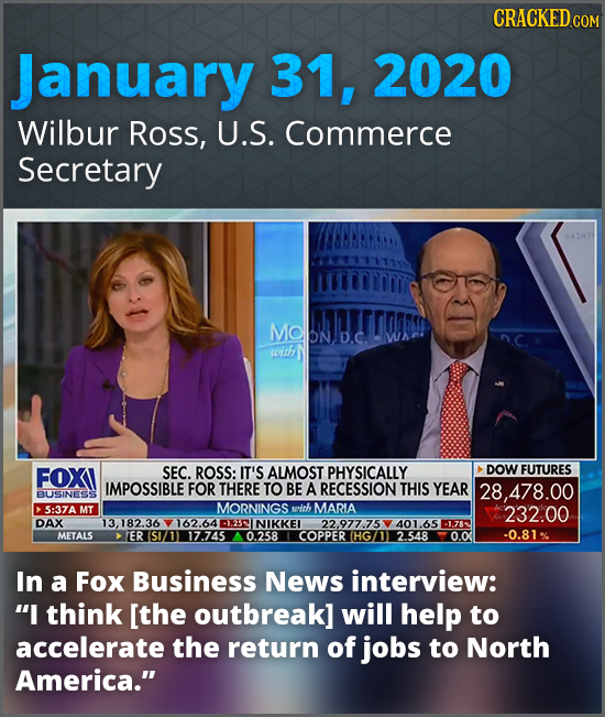 CRACKED CO January 31, 2020 Wilbur Ross, U.S. Commerce Secretary MODND.C. with FOXI SEC. ROSS: IT'S ALMOST PHYSICALLY DOW FUTURES IMPOSSIBLE FOR THERE