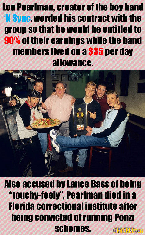 Lou Pearlman, creator of the boy band N Sync, worded his contract with the group SO that he would be entitled to 90% of their earnings while the band