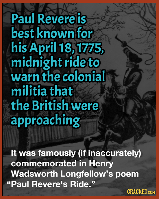 Paul Revere is best known for his April 18, 1775, midnight ride to the colonial warn militia that the British were approaching It was famously (if ina