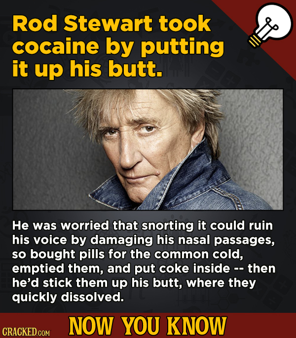 13 Little-Known Facts About Movies, History, And Science - Rod Stewart took cocaine by putting it up his butt.