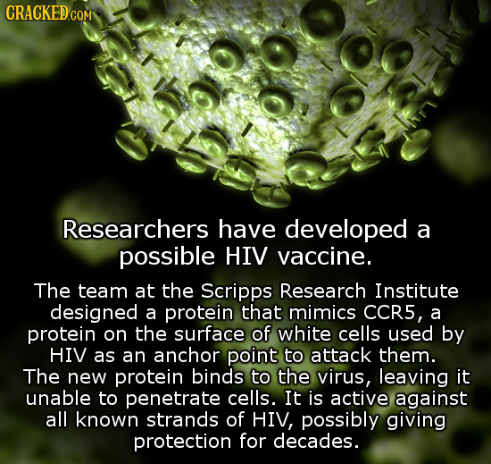 CRACKEDcO COM Researchers have developed a possible HIV vaccine. The team at the Scripps Research Institute designed a protein that mimics CCr5, a pro