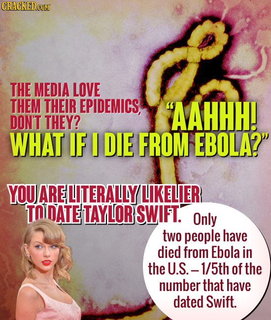 CRACKEDCON THE MEDIA LOVE THEM THEIR EPIDEMICS, 'AAHHH! DON'T THEY? WHAT IF I DIE FROM EBOLA? YOU ARE LITERALLY LIKELIER TO DATE TAYLOR SWIFT. Only t