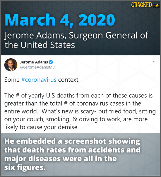 CRACKED COM March 4, 2020 Jerome Adams, Surgeon General of the United States Jerome Adams @JeromeAdamsMD Some #coronavirus context: The # of yearly U.