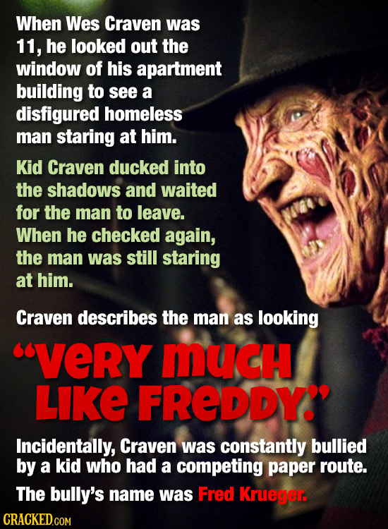 When Wes Craven was 11, he looked out the window of his apartment building to see a disfigured homeless man staring at him. Kid Craven ducked into the