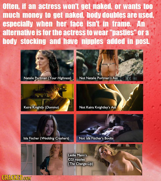 Often, if an actress woN't get naked, or wants too much money to get naked, body doubles are used, especially when her, face isn't in frame. An altern