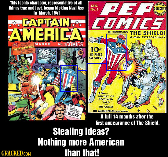 This Iconlc character, representatlve of all ACTION things JAN. PEP true and Just, began kicking Nazl Ass No.1 DETECTIVE In March, 1941 AVENTU CAPTAIN