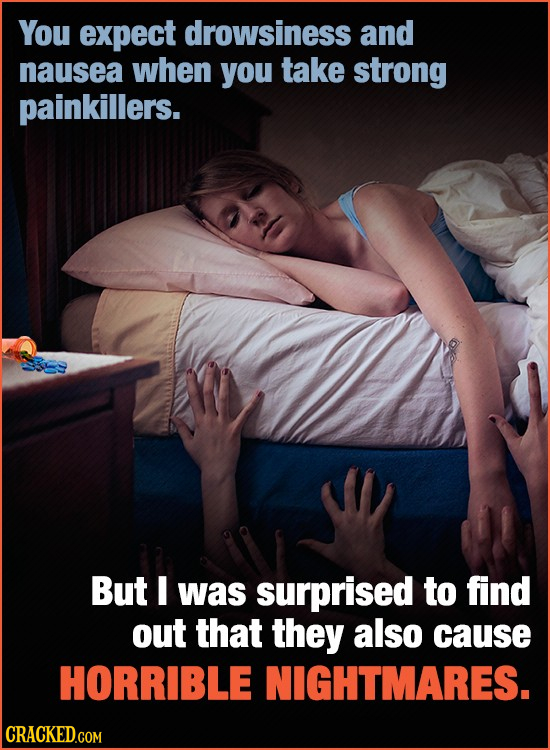 You expect drowsiness and nausea when you take strong painkillers. But I was surprised to find out that they also cause HORRIBLE NIGHTMARES. CRACKED.C