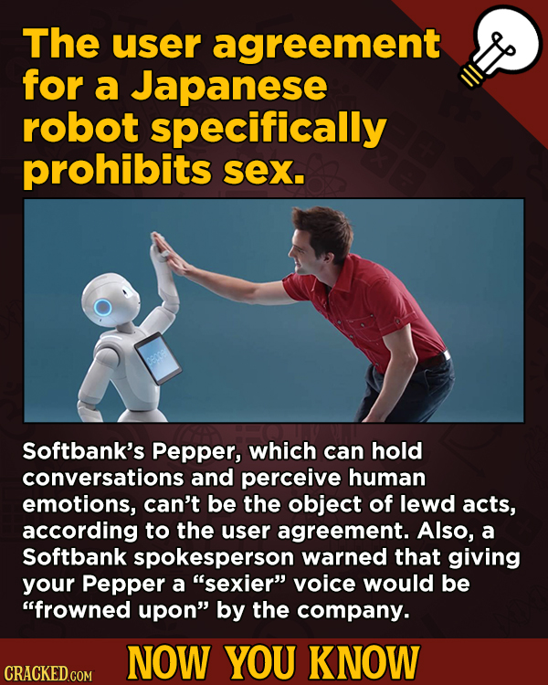 13 Little-Known Facts About Movies, History, And Science - The user agreement for a Japanese robot specifically prohibits sex.