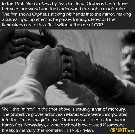 In the 1950 film Orpheus by Jean Cocteau, Orpheus has to travel between our world and the Underworld through a magic mirror. The film shows Orpheus st
