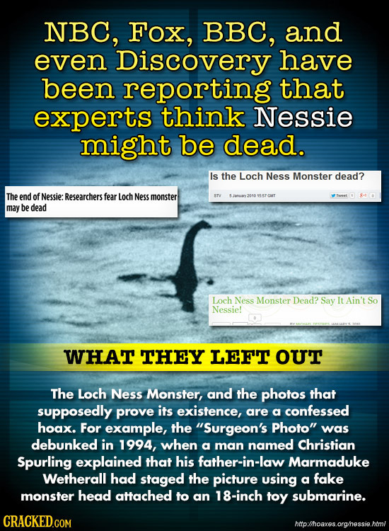 NBC, Fox, BBC, and even Discovery have been reporting that experts think Nessie might be dead. Is the Loch Ness Monster dead? The end of Nessie: Resea