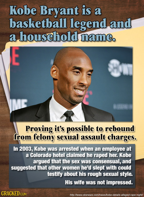 Kobe Bryant is a basketball legend and a household nameo E IIN Proving it's possible to rebound from felony sexual assault charges. In 2003, Kobe was 