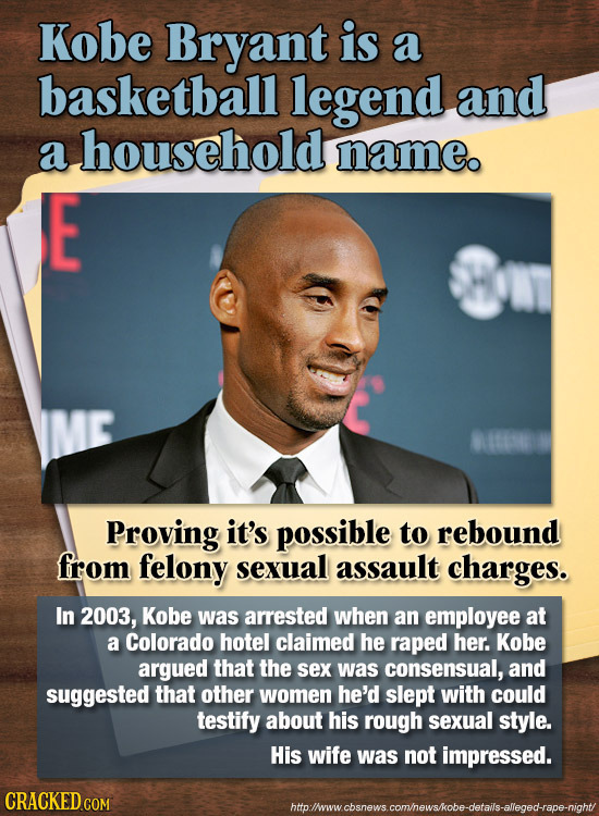 Kobe Bryant is a basketball legend and a household nameo E IIN Proving it's possible to rebound from felony sexual assault charges. In 2003, Kobe was