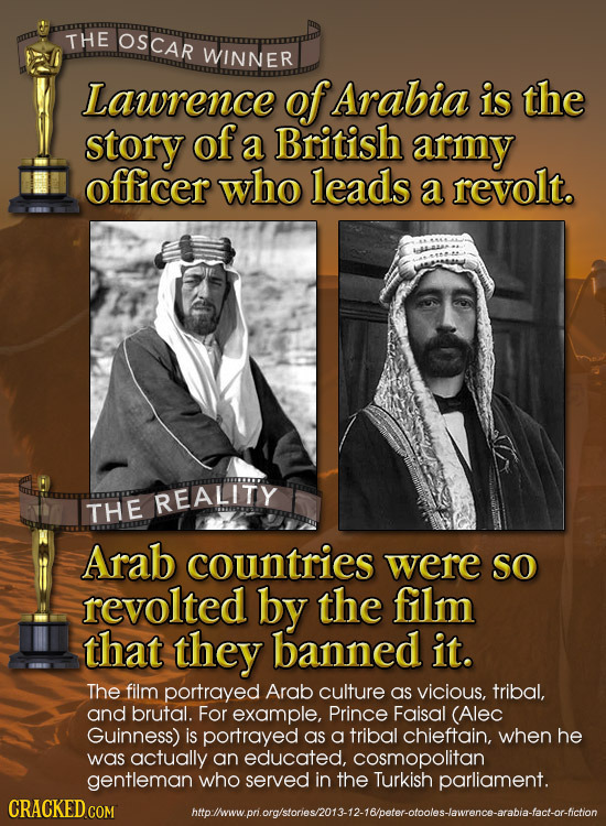 THE OSCAR WINNER Lawrence of Arabia is the story of a British army officer who leads a revolt. REALITY THE Arab countries were SO revolted by the film