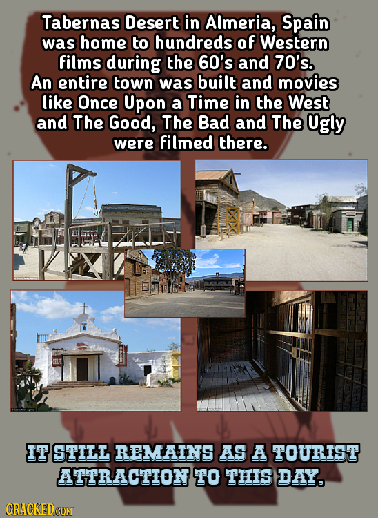 Tabernas Desert in Almeria, Spain was home to hundreds of Western films during the 60's and 70's. An entire town was built and movies like Once Upon a