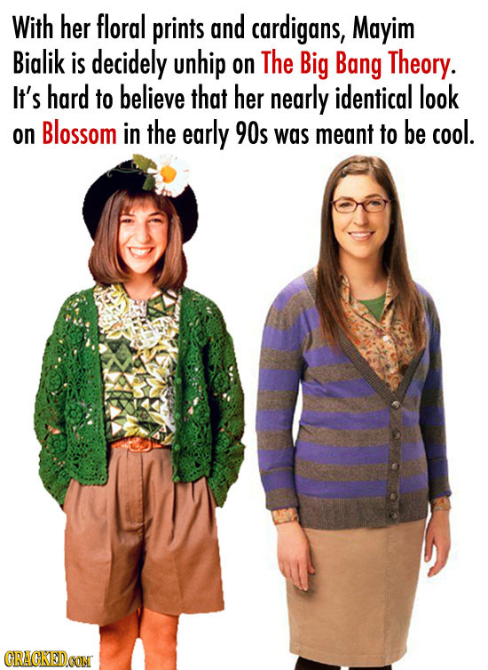 With her floral prints and cardigans, Mayim Bialik is decidely unhip on The Big Bang Theory. It's hard to believe that her nearly identical look on Bl