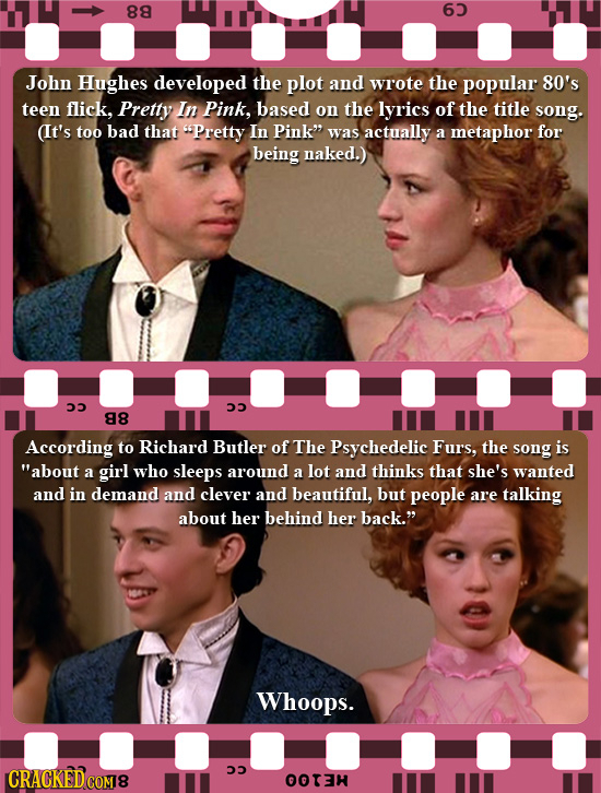 88 63 John Hughes developed the plot and wrote the popular 80's teen flick, Pretty In Pink, based on the lyrics of the title song. (It's too bad that 
