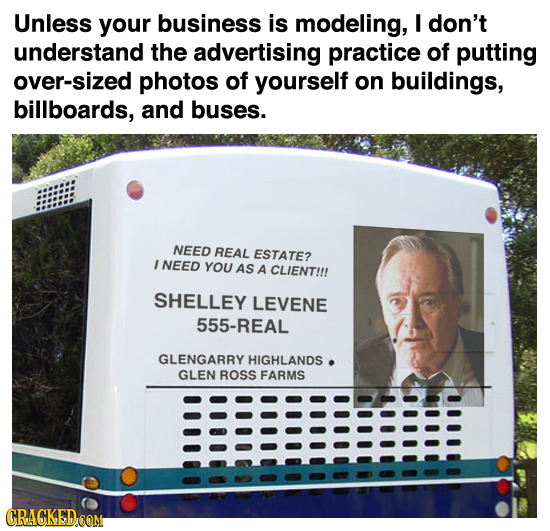 Unless your business is modeling, I don't understand the advertising practice of putting over-sized photos of yourself on buildings, billboards, and b