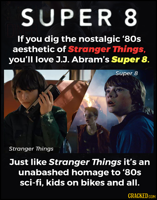 SUPER 8 If you dig the nostalgic '80s aesthetic of Stranger Things, you'll love J.J. Abram's Super 8. Super 8 Stranger Things Just like Stranger Thing