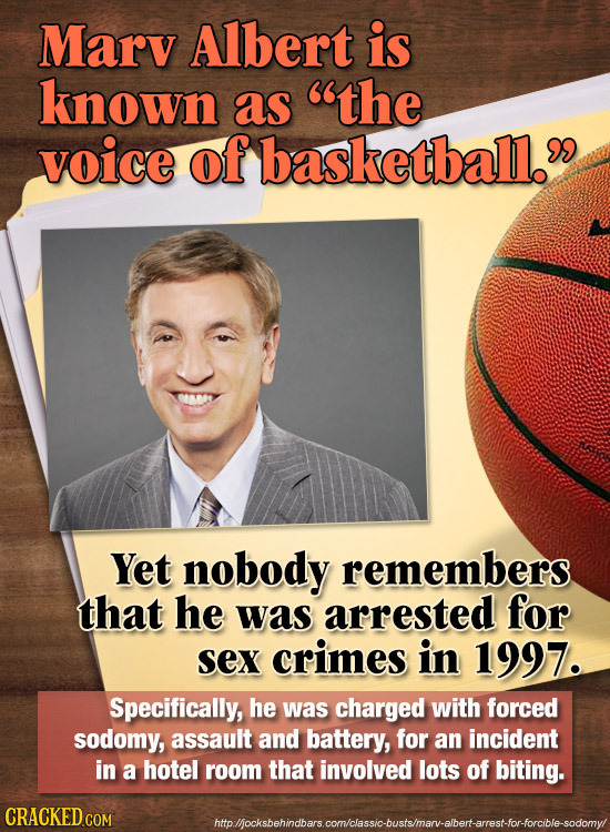 Marv Albert is known as the voice of basketball. Yet nobody remembers that he was arrested for sex crimes in 1997. Specifically, he was charged with