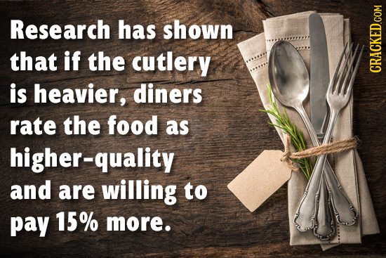 Research has shown that if the cutlery is heavier, diners rate the food as higher-quality and are willing to pay 15% more.