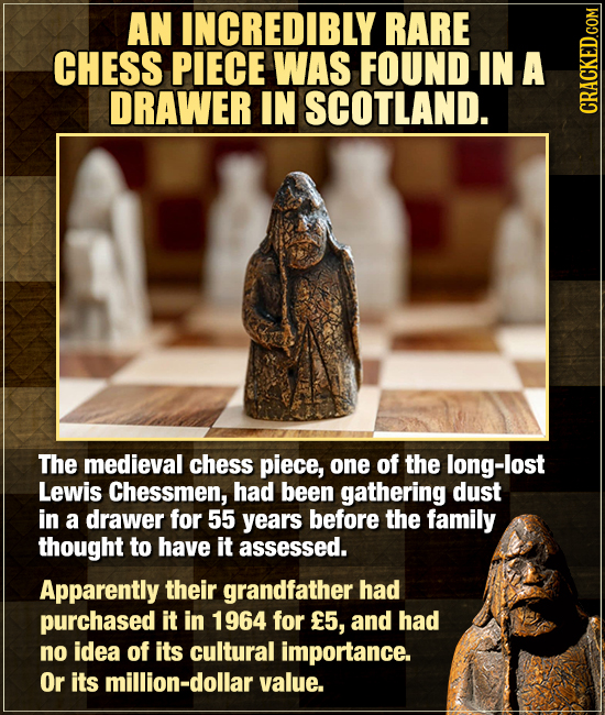 AN INCREDIBLY RARE CHESS PIECE WAS FOUND IN A DRAWER IN SCOTLAND. The medieval chess piece, one of the long-lost Lewis Chessmen, had been gathering du