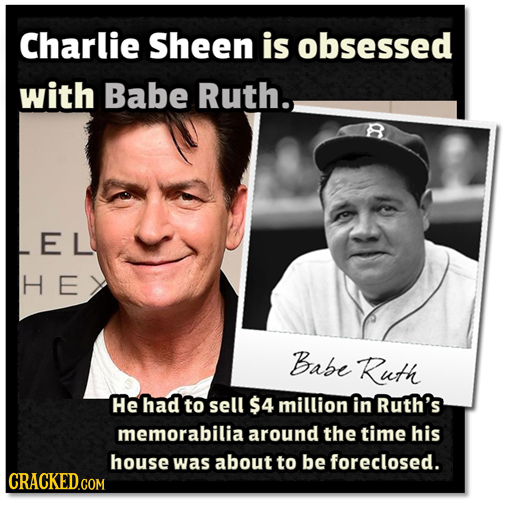 Charlie Sheen is obsessed with Babe Ruth. EL H E Babe Ruth He had to sell $4 million in Ruth's memorabilia around the time his house was about to be f