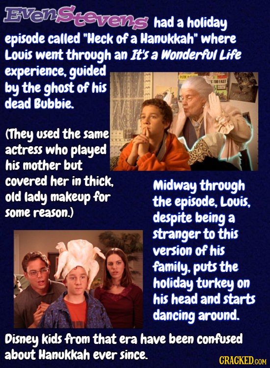 EVenStevens had a holiday episode called Heck of a Hanukkah where Louis wemt through an It's a Wonderful Life experience, guided by the ghost of his