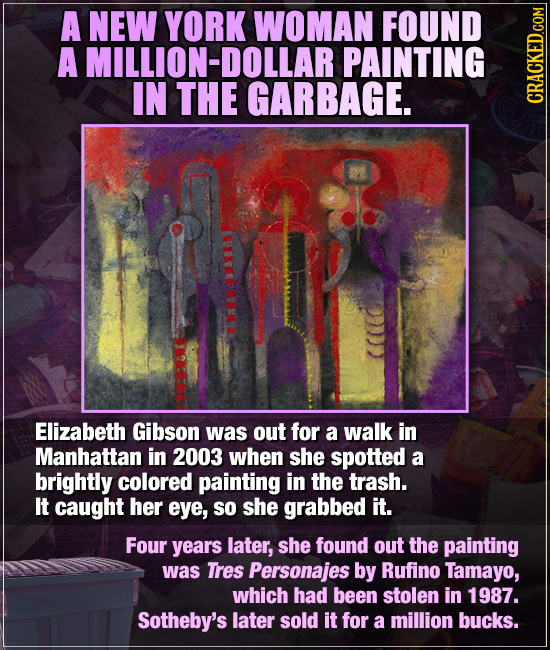 A NEW YORK WOMAN FOUND A MILLION-DOLLAR PAINTING IN THE GARBAGE. CRA Elizabeth Gibson was out for a walk in Manhattan in 2003 when she spotted a brigh