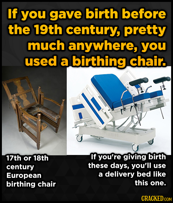 If you gave birth before the 19th century, pretty much anywhere, you used a birthing chair. 17th 18th If you're giving birth or century these days, yo