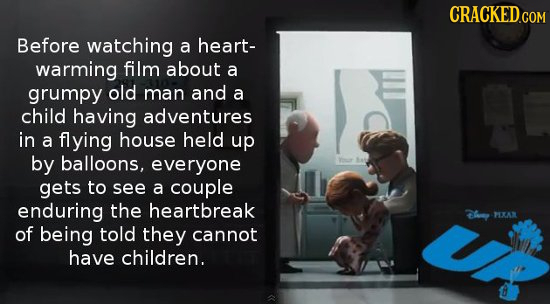 Before watching a heart- warming film about a grumpy old man and a child having adventures in a flying house held up by balloons. everyone gets to see