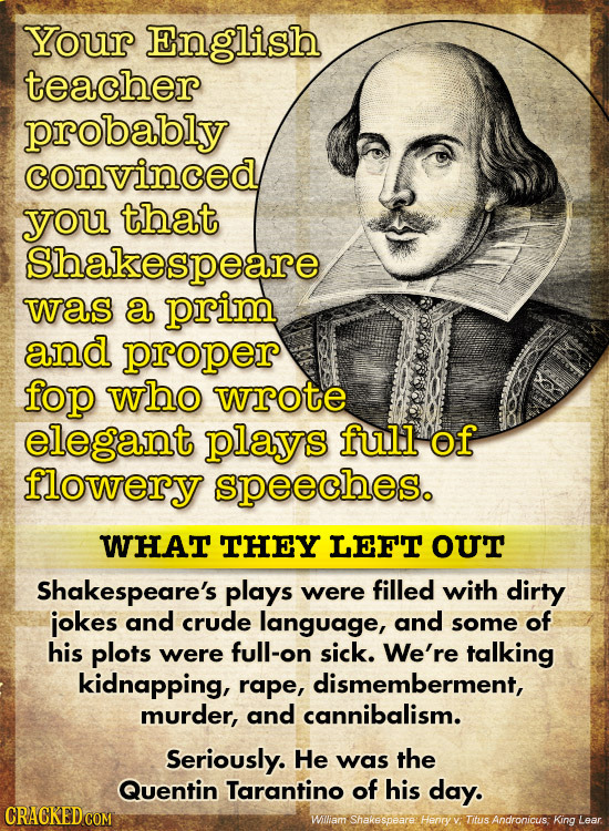 Your English teacher probably convinced you that Shakespeare was a prim and proper fop who wrote elegant plays full of flowery speeches. WHAT THEY LEF