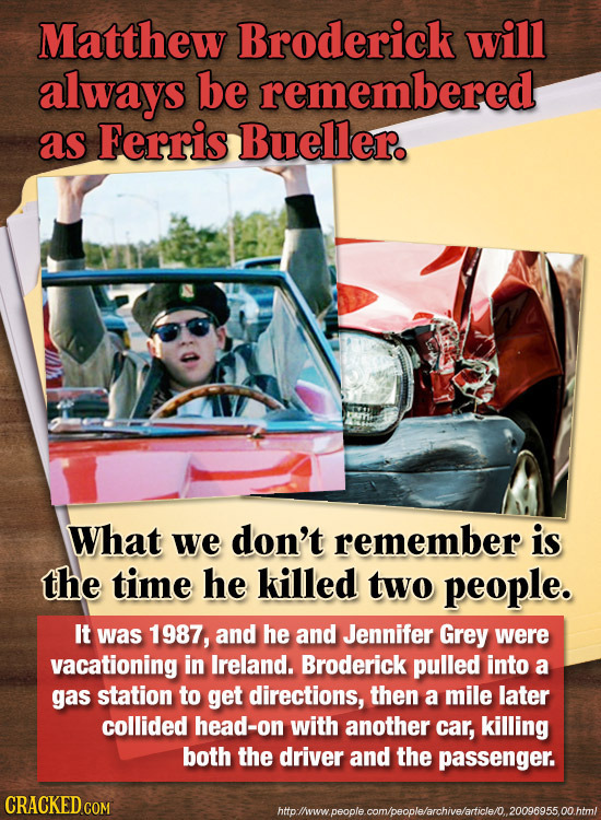 Matthew Broderick will always be remembered as Ferris Bueller. What we don't remember is the time he killed two people. It was 1987, and he and Jennif