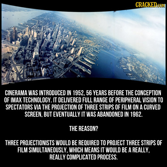 CRACKED cOr CINERAMA WAS INTRODUCED IN 1952, 56 YEARS BEFORE THE CONCEPTION OF IMAX TECHNOLOGY. IT DELIVERED FULL RANGE OF PERIPHERAL VISION TO SPECTA