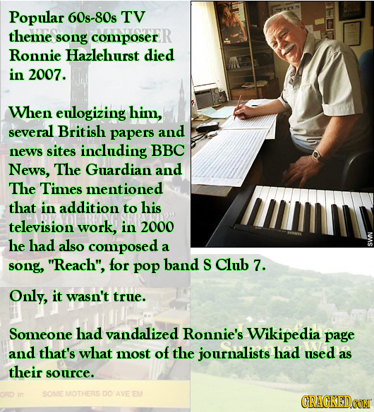 Popular 60s-80s TV theme song composer Ronnie Hazlehurst died in 2007. When enlogizing him, several British papers and news sites including BBC News,