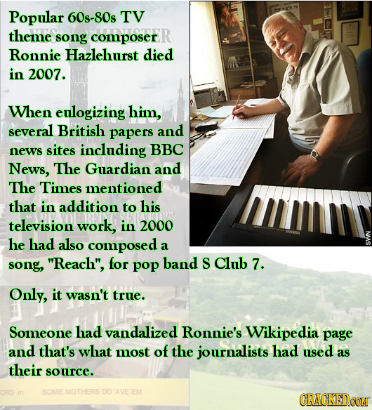 Popular 60s-80s TV theme song composer Ronnie Hazlehurst died in 2007. When enlogizing him, several British papers and news sites including BBC News, 