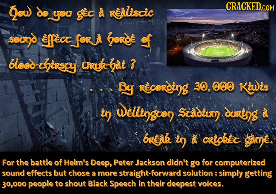 Qew do you get a Realiscic CRACKED.COM seund EfFECT fer a horde f 6load chirsgy URE har ? By Recerding 30,000 Kiwis in Welingcern Scaoum ourinng a bre