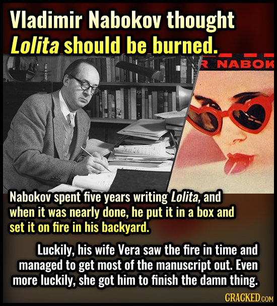Vladimir Nabokov thought Lolita should be burned. NABOK Nabokov spent five years writing Lolita, and when it was nearly done, he put it in a box and s