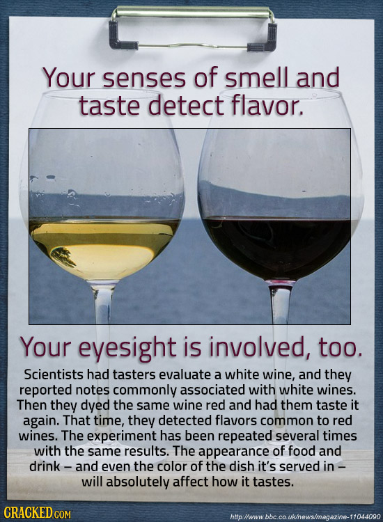 Your senses of smell and taste detect flavor. Your eyesight is involved, too. Scientists had tasters evaluate a white wine, and they reported notes co