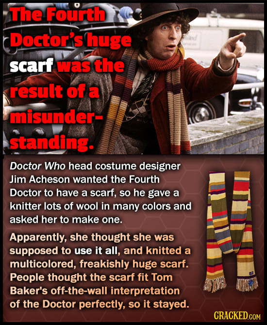 The Fourth Doctor's huge scarf was the result of a misunder- standing. Doctor Who head costume designer Jim Acheson wanted the Fourth Doctor to have a