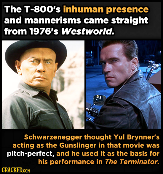 The T-800's inhuman presence and mannerisms came straight from 1976's Westworld. Schwarzenegger thought Yul Brynner's acting as the Gunslinger in that