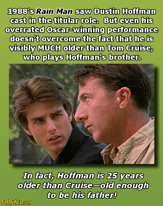 1988's Rain Man saw Dustin Hoffman cast in the titular role. But even his overrated oscar-winning performance doesn't overcome the fact that he is vis