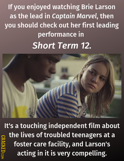 If you enjoyed watching Brie Larson as the lead in Captain Marvel, then you should check out her first leading performance in Short Term 12. It's a to