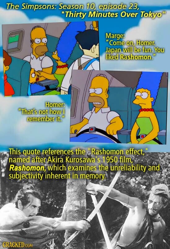 The Simpsons: Season 10, episode 23, Thirty Minutes Over Tokyo Marge: Come on, Homer. Japan will be fun. You liked Rashomon. Homer: That's not how