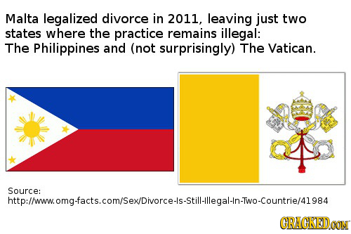 Malta legalized divorce in 2011, leaving just two states where the practice remains illegal: The Philippines and (not surprisingly) The Vatican. Sourc