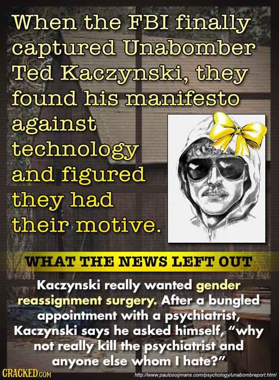 When the FBI finally captured Unabomber Ted Kaczynski, they found his manifesto against technology and figured they had their motive. WHAT THE NEWS LE