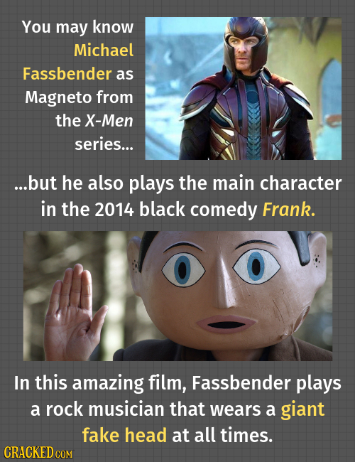 You may know Michael Fassbender as Magneto from the X-Men series... ...but he also plays the main character in the 2014 black comedy Frank. In this am
