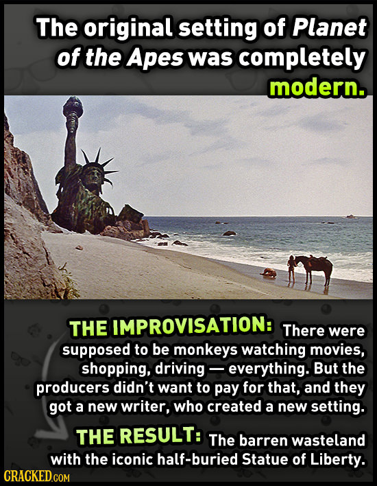 The original setting of Planet of the Apes was completely modern. The IMPROVISATION: There were supposed to be monkeys watching movies, shopping, driv