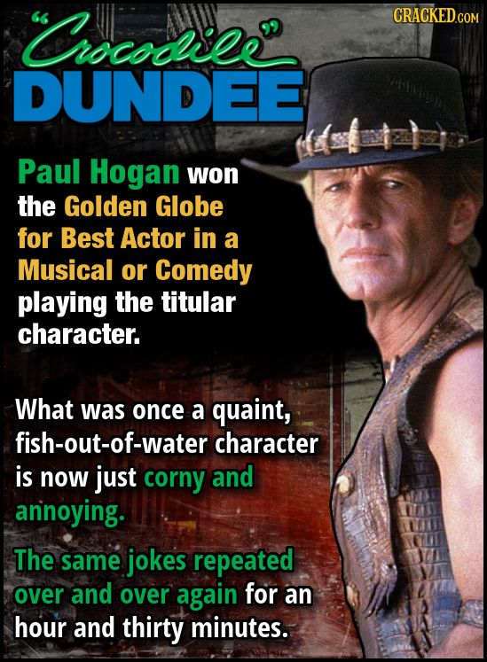 Crocodiee' CRACKEDCOR DUNDEE Paul Hogan won the Golden Globe for Best Actor in a Musical or Comedy playing the titular character. What was once a quai