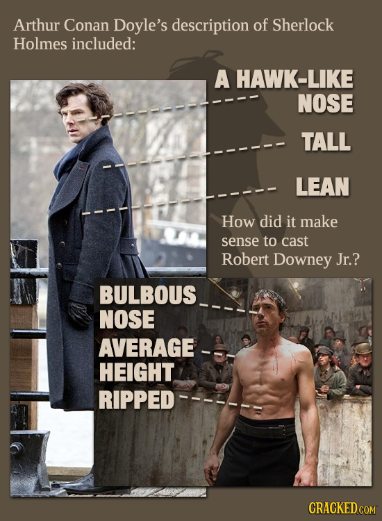 Arthur Conan Doyle's description of Sherlock Holmes included: A HAWK-LIKE NOSE TALL LEAN How did it make sense to cast Robert Downey Jr.? BULBOUS NOSE
